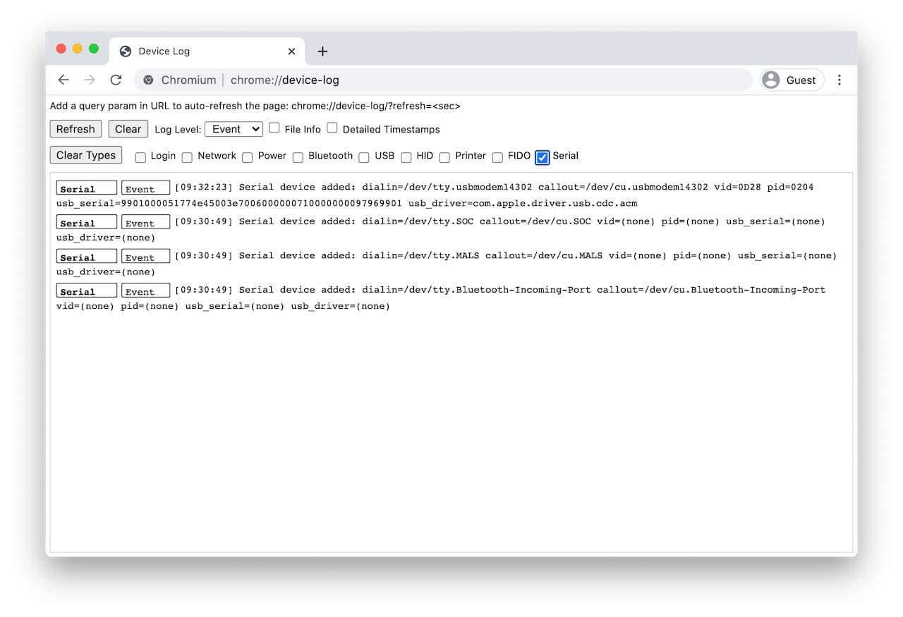 Screenshot of the internal page for debugging the Web Serial API.
